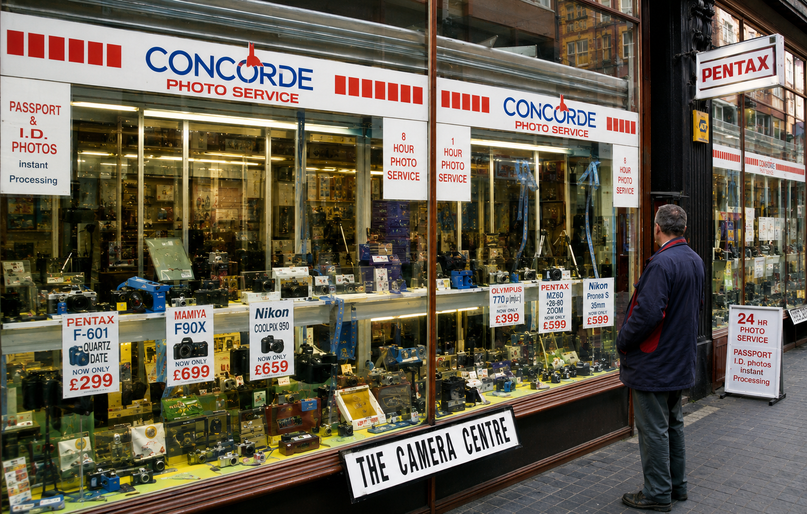 The Camera Centre shop window in the 1990s, full of film cameras
